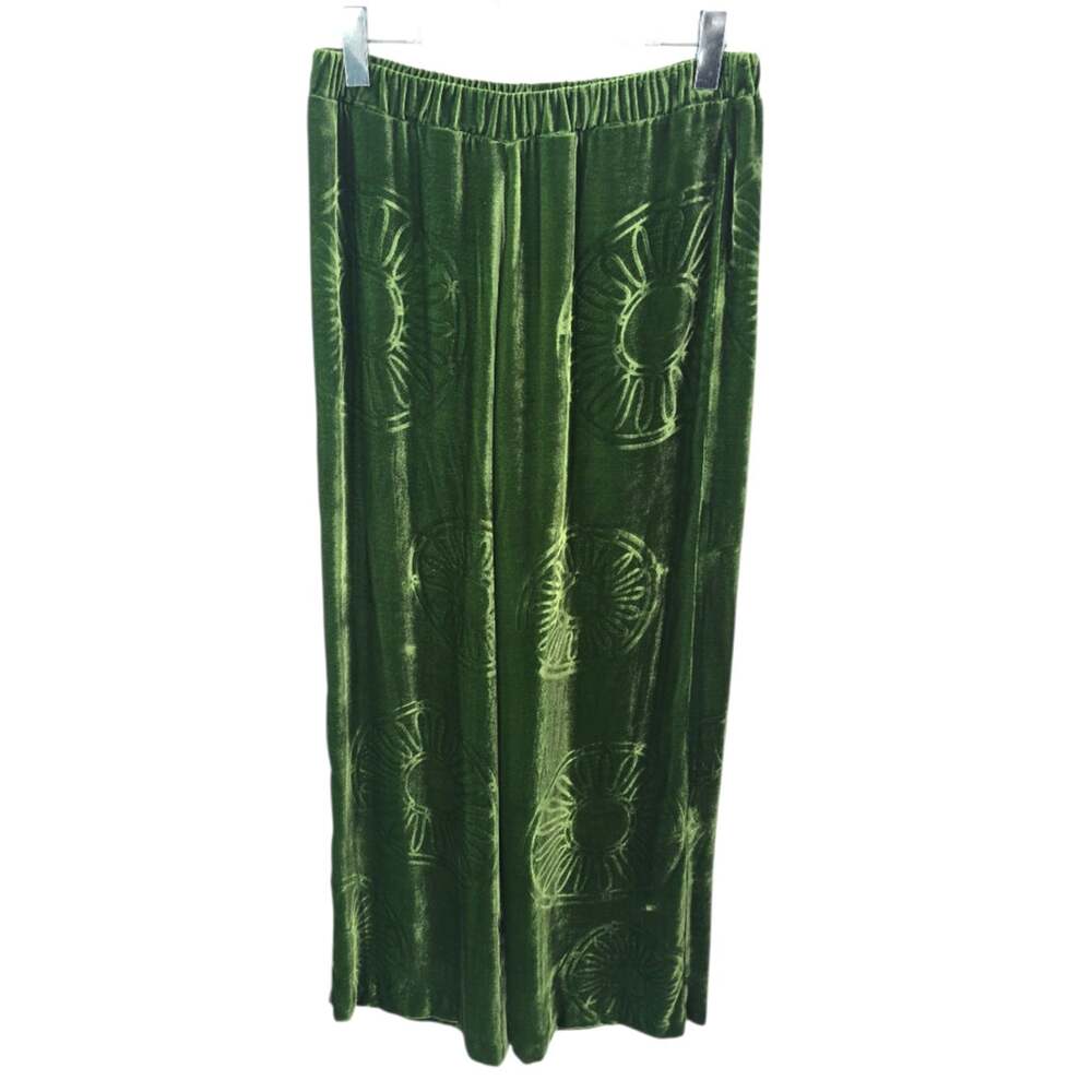 Themis Z Kyma Green Velvet Silk Straight Leg Pants Pull On EU 42 US 10 Embossed